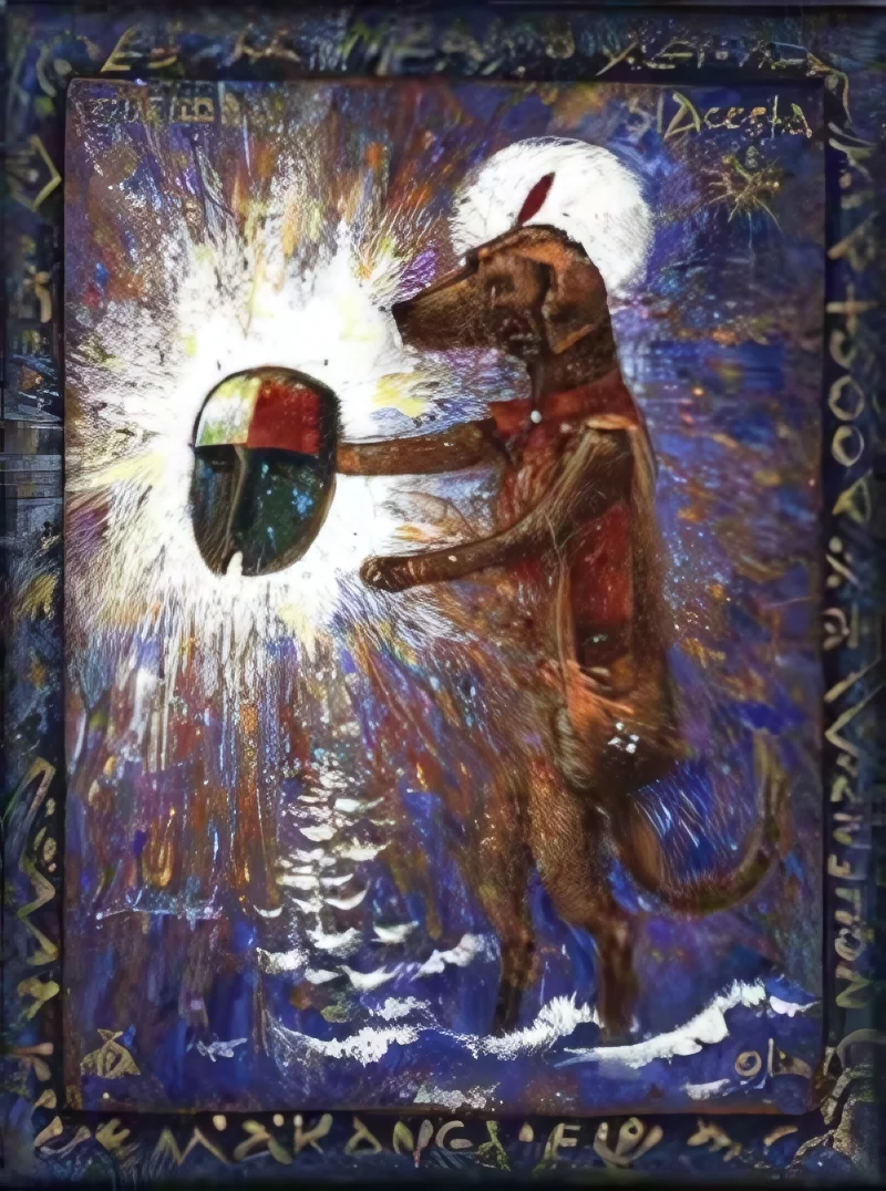 Painted icon: a dog holding the Mvudi mask drawn from the water