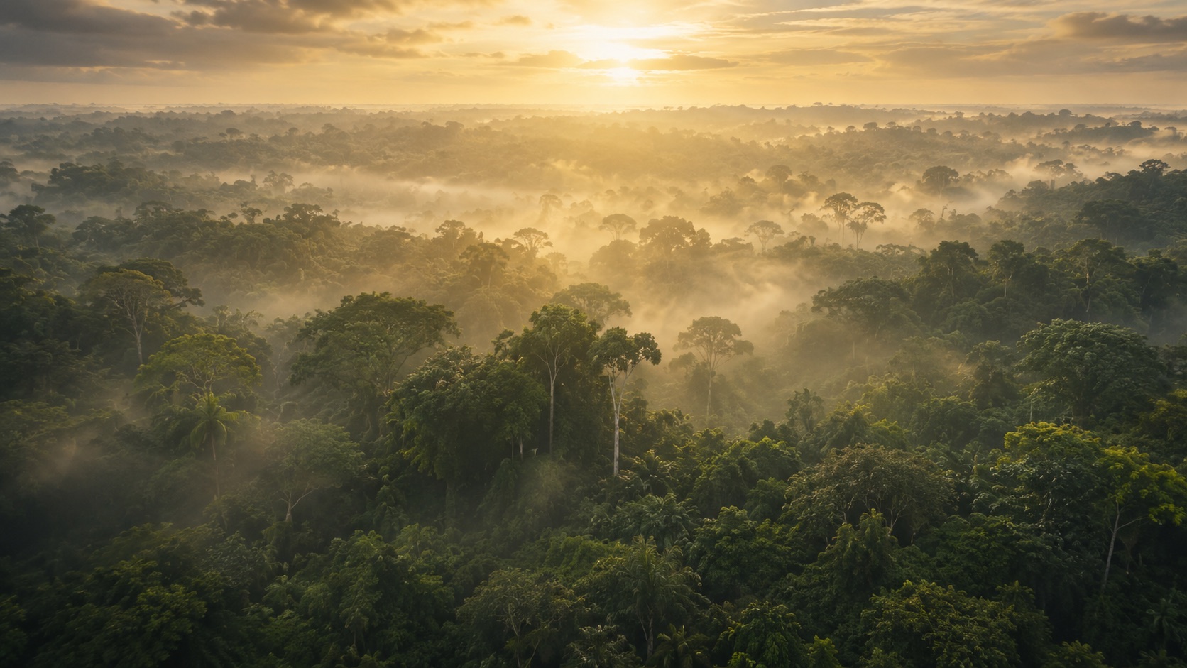 Vue aérienne de la canopée gabonaise s'étendant à perte de vue, brume matinale entre les arbres