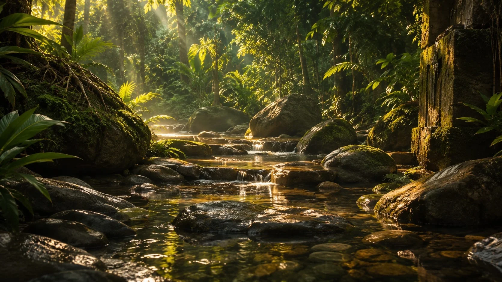 Eau claire et galets dans la forêt équatoriale gabonaise, lieu de purification rituelle