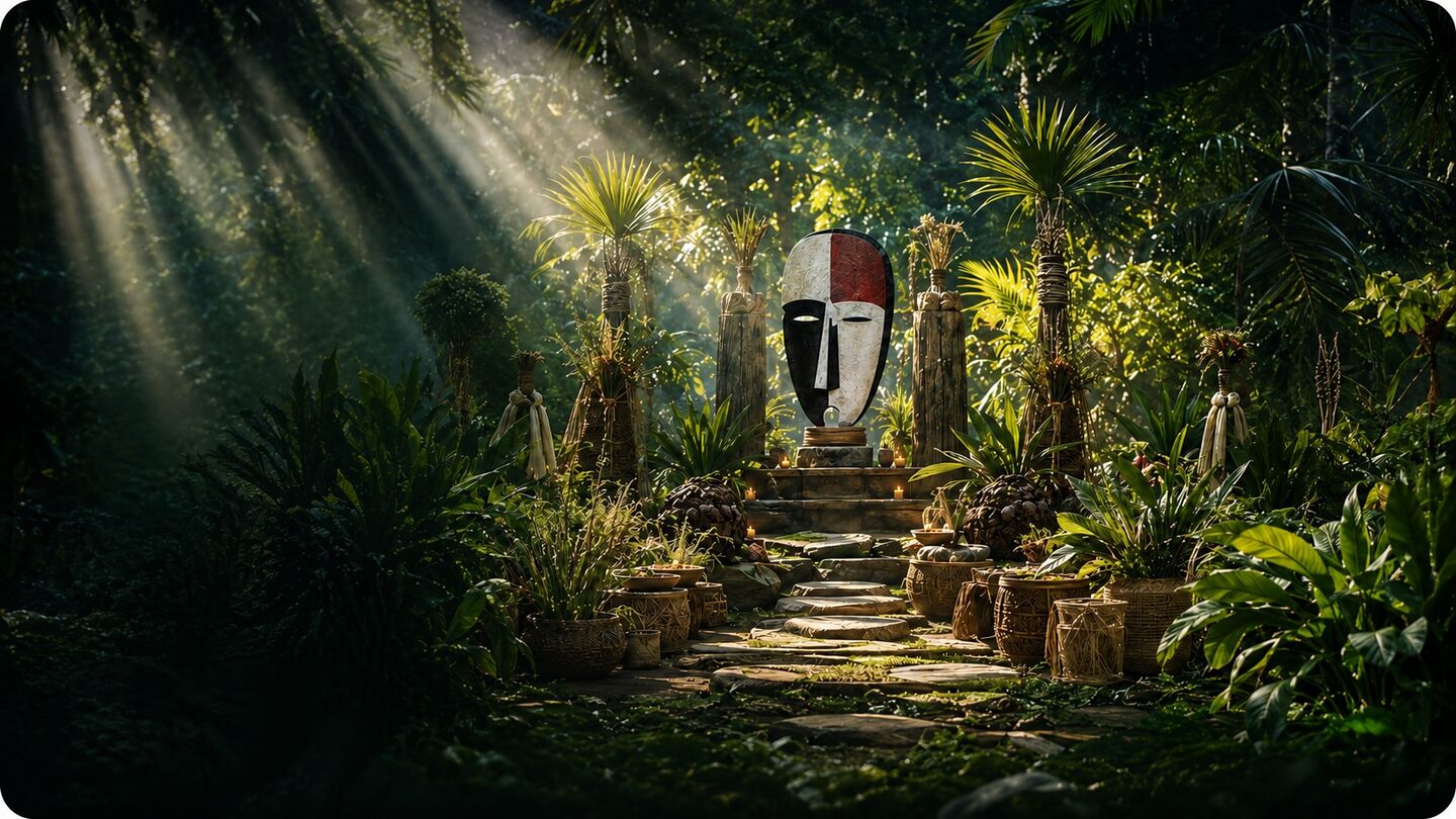 Autel d'Ebando dans la forêt équatoriale gabonaise, masque sacré au bout d'un escalier moussu traversé par des rayons de lumière